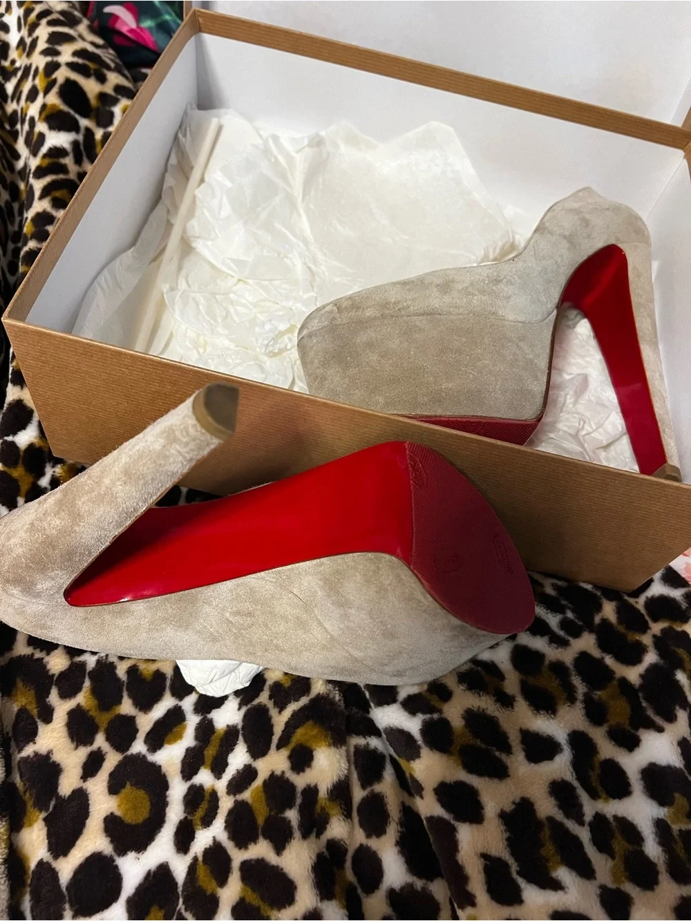 Christian Louboutin Taupe Suede Platform Pumps with Red Sole